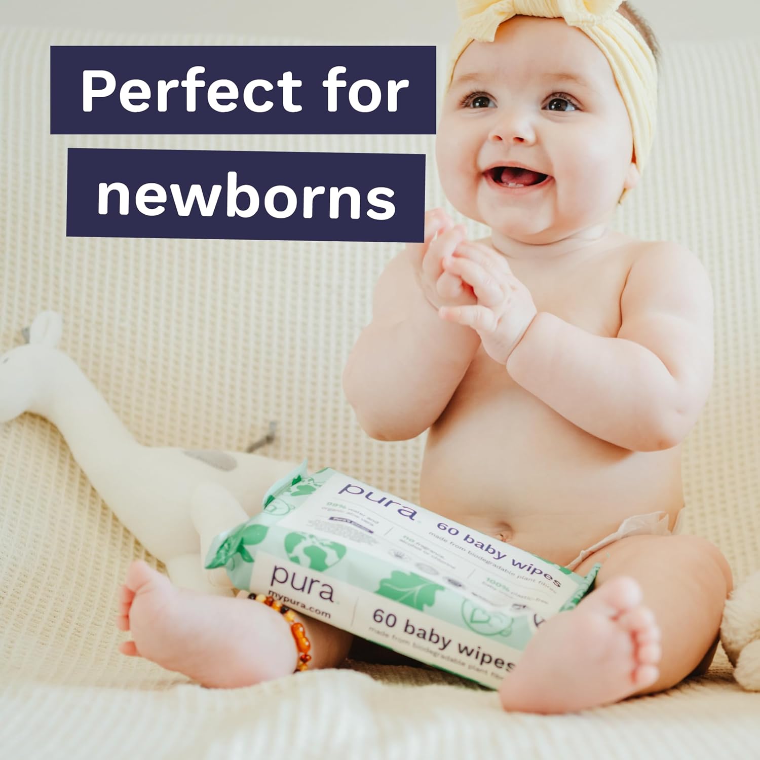 Pura Natural Sensitive Baby Wipes, 99% Water, Unscented & Hypoallergenic, Suitable for Sensitive & Eczema-prone Skin, EWG Verified