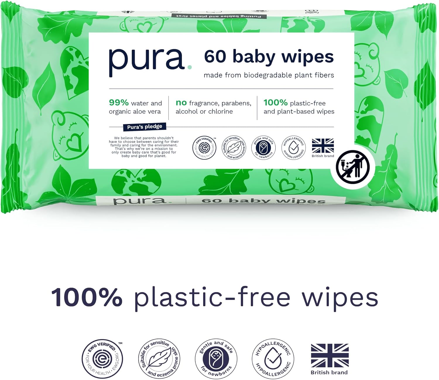 Pura Natural Sensitive Baby Wipes, 99% Water, Unscented & Hypoallergenic, Suitable for Sensitive & Eczema-prone Skin, EWG Verified