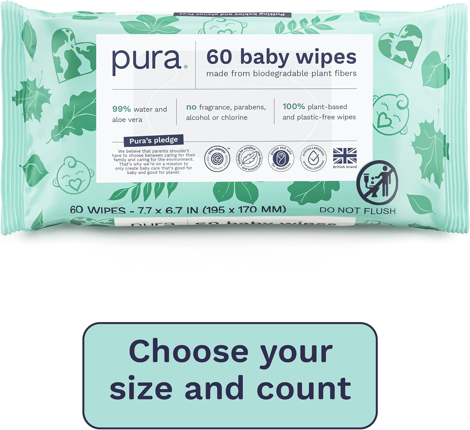 Pura Natural Sensitive Baby Wipes, 99% Water, Unscented & Hypoallergenic, Suitable for Sensitive & Eczema-prone Skin, EWG Verified