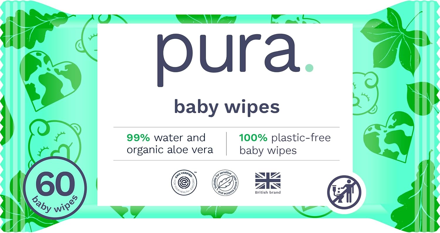 Pura Natural Sensitive Baby Wipes, 99% Water, Unscented & Hypoallergenic, Suitable for Sensitive & Eczema-prone Skin, EWG Verified