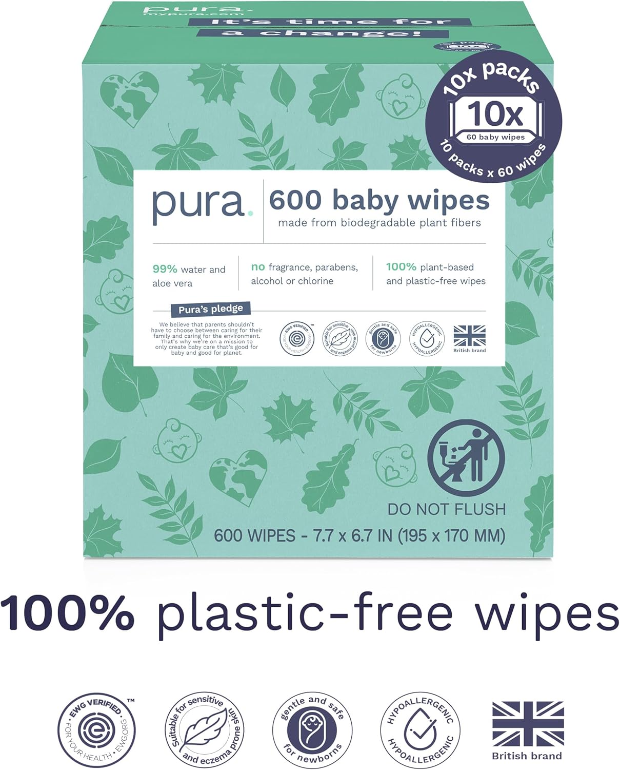 Pura Natural Sensitive Baby Wipes, 99% Water, Unscented & Hypoallergenic, Suitable for Sensitive & Eczema-prone Skin, EWG Verified