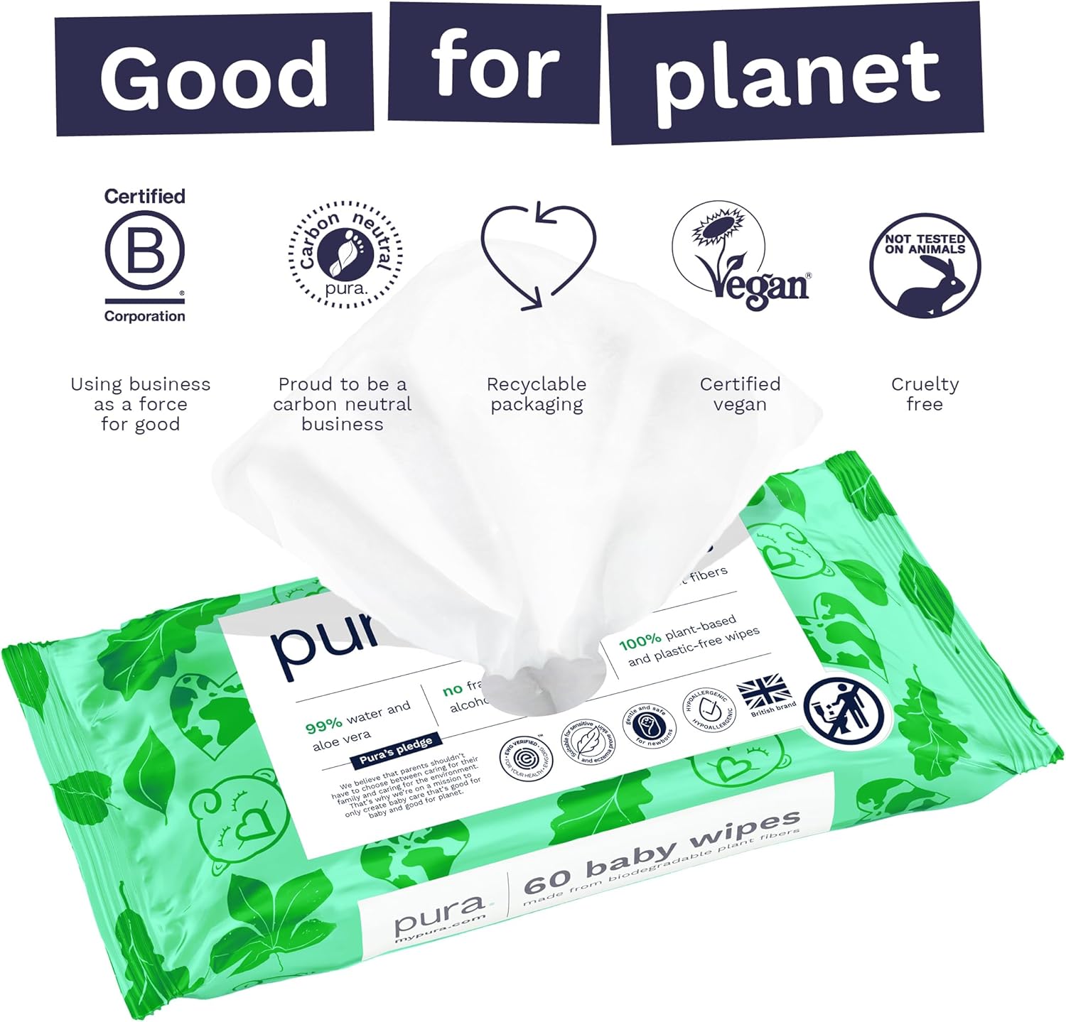 Pura Natural Sensitive Baby Wipes, 99% Water, Unscented & Hypoallergenic, Suitable for Sensitive & Eczema-prone Skin, EWG Verified
