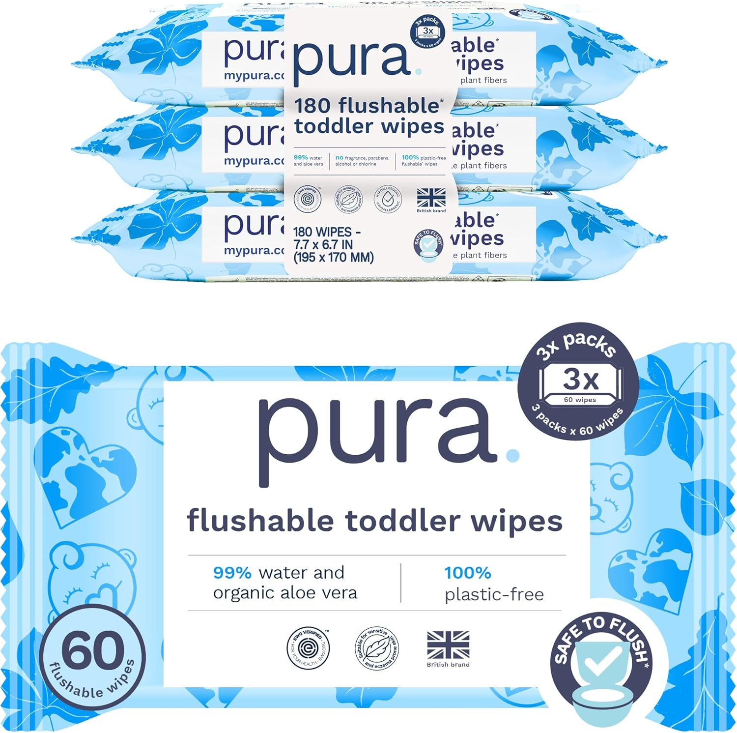 Pura Natural Sensitive Baby Wipes, 99% Water, Unscented & Hypoallergenic, Suitable for Sensitive & Eczema-prone Skin, EWG Verified