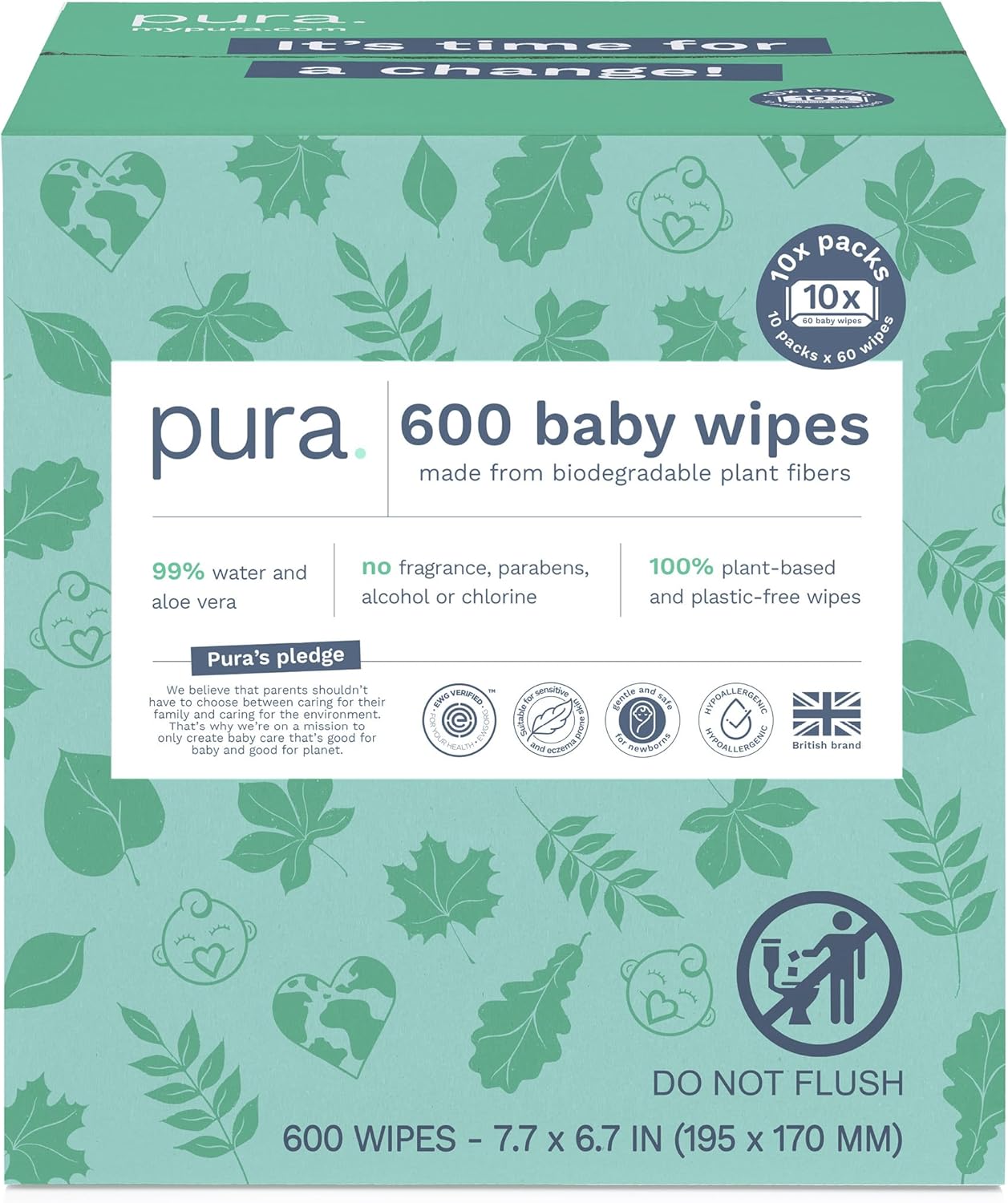 Pura Natural Sensitive Baby Wipes, 99% Water, Unscented & Hypoallergenic, Suitable for Sensitive & Eczema-prone Skin, EWG Verified