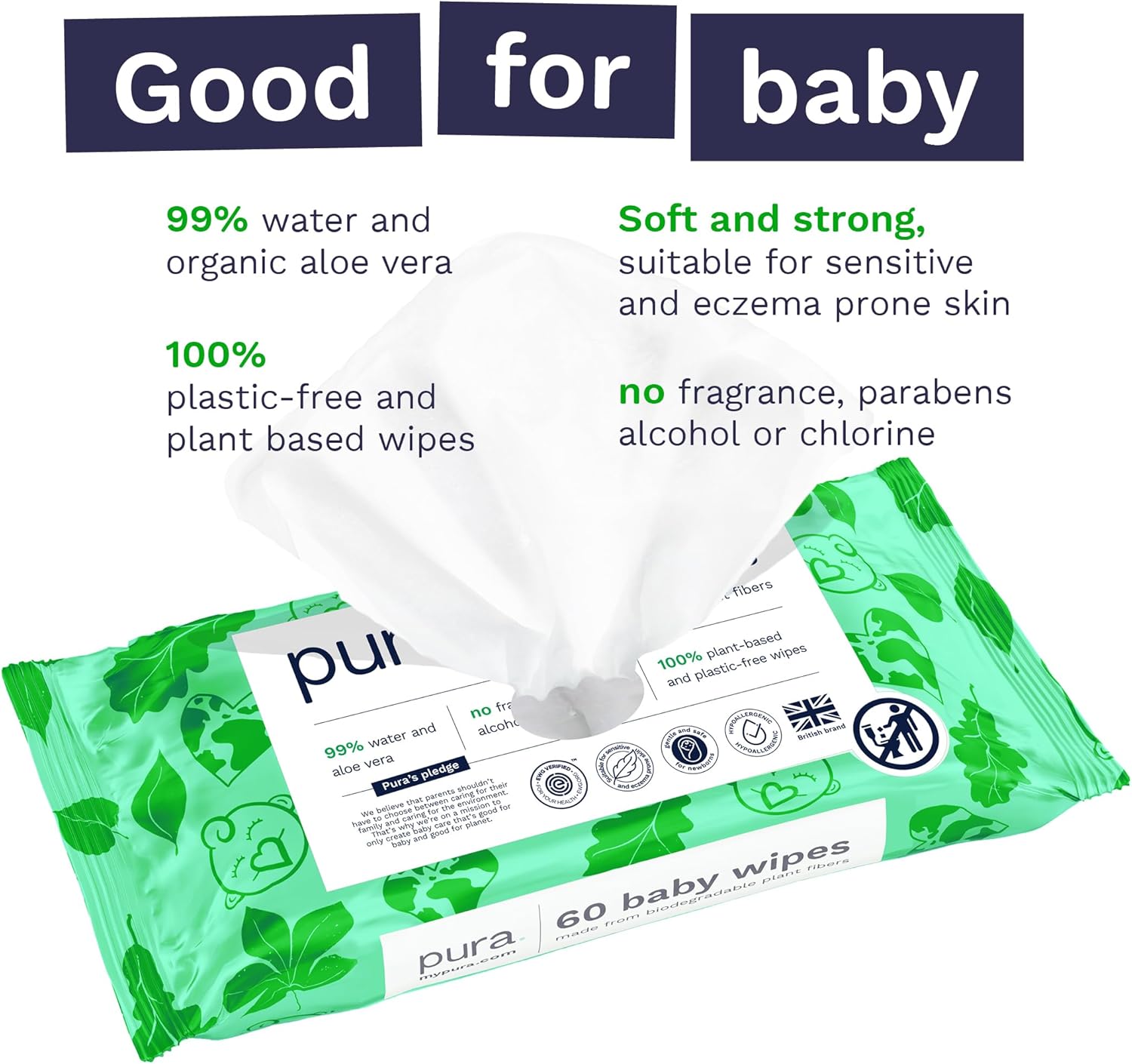 Pura Natural Sensitive Baby Wipes, 99% Water, Unscented & Hypoallergenic, Suitable for Sensitive & Eczema-prone Skin, EWG Verified