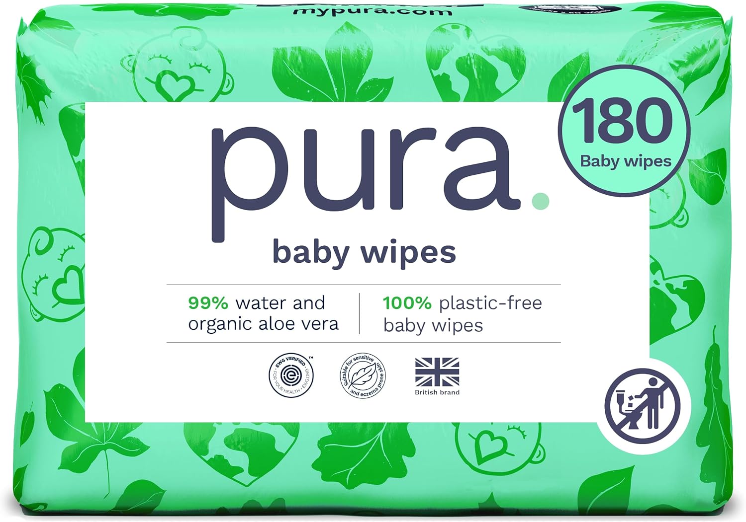Pura Natural Sensitive Baby Wipes, 99% Water, Unscented & Hypoallergenic, Suitable for Sensitive & Eczema-prone Skin, EWG Verified
