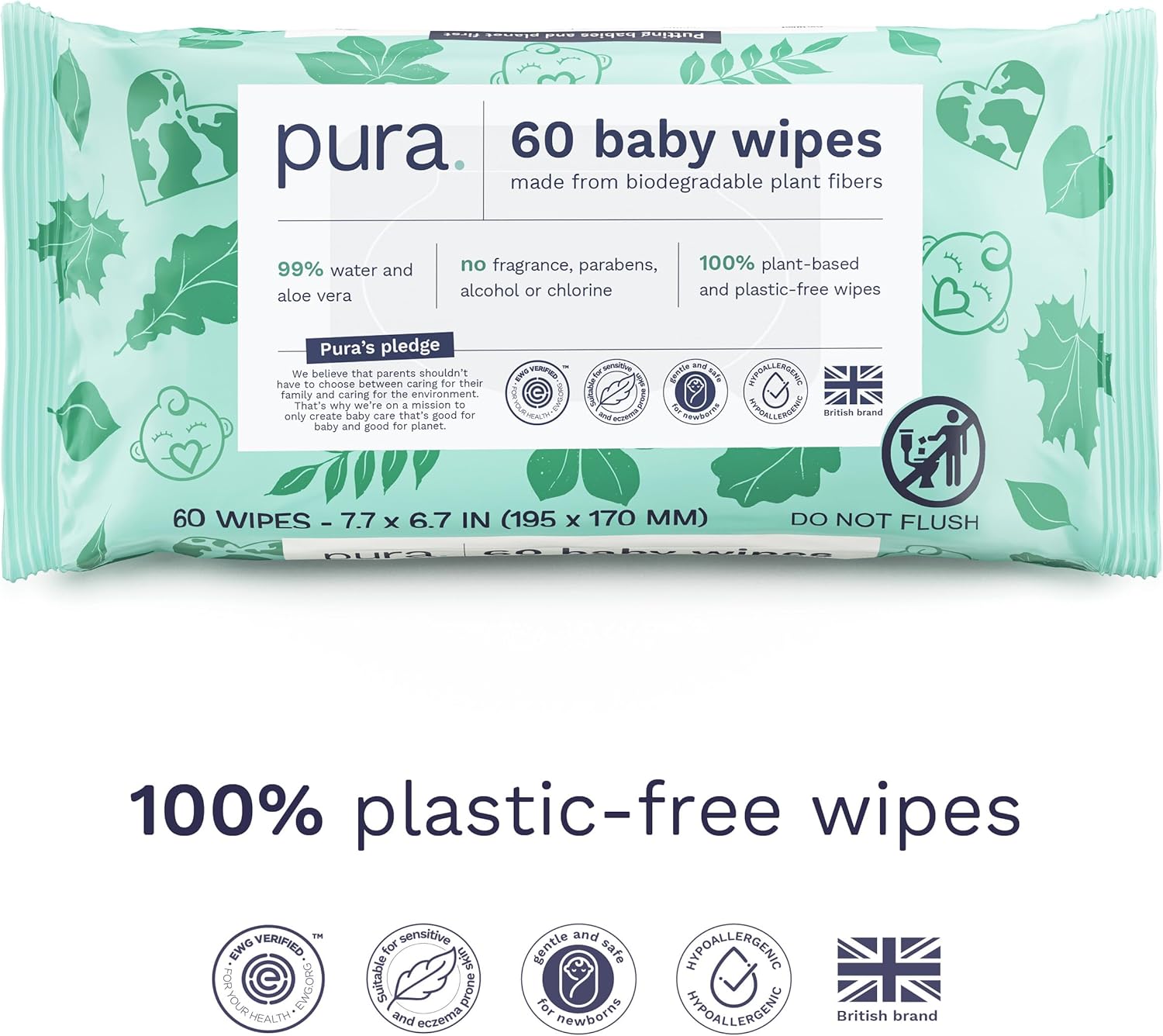 Pura Natural Sensitive Baby Wipes, 99% Water, Unscented & Hypoallergenic, Suitable for Sensitive & Eczema-prone Skin, EWG Verified