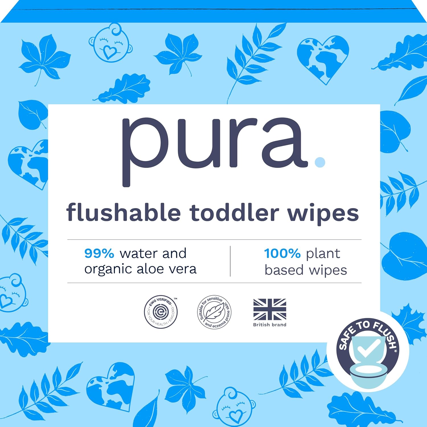 Pura Natural Sensitive Baby Wipes, 99% Water, Unscented & Hypoallergenic, Suitable for Sensitive & Eczema-prone Skin, EWG Verified