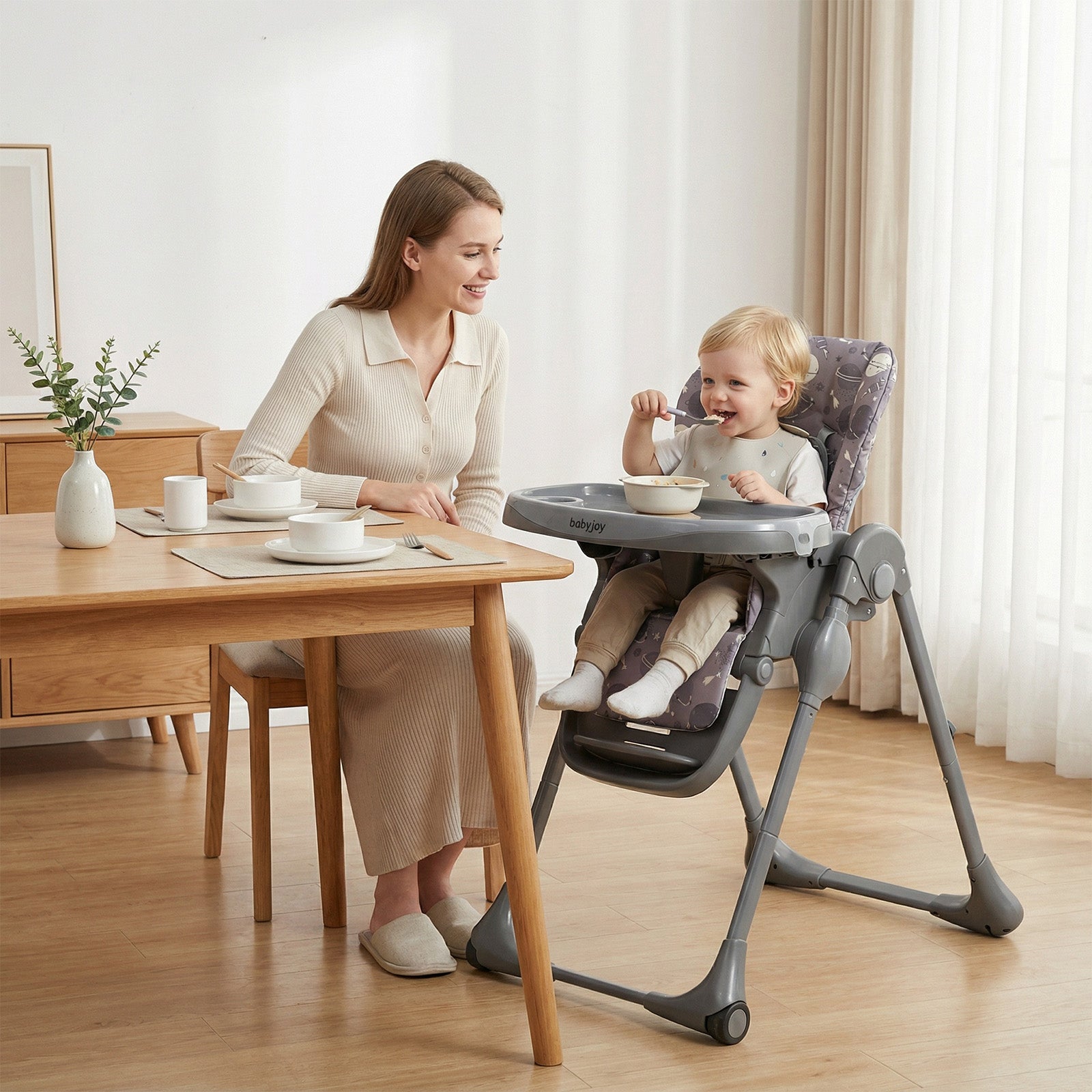 Foldable High Chair with Detachable Cushion and High Chair for Babies and Toddlers-Gray