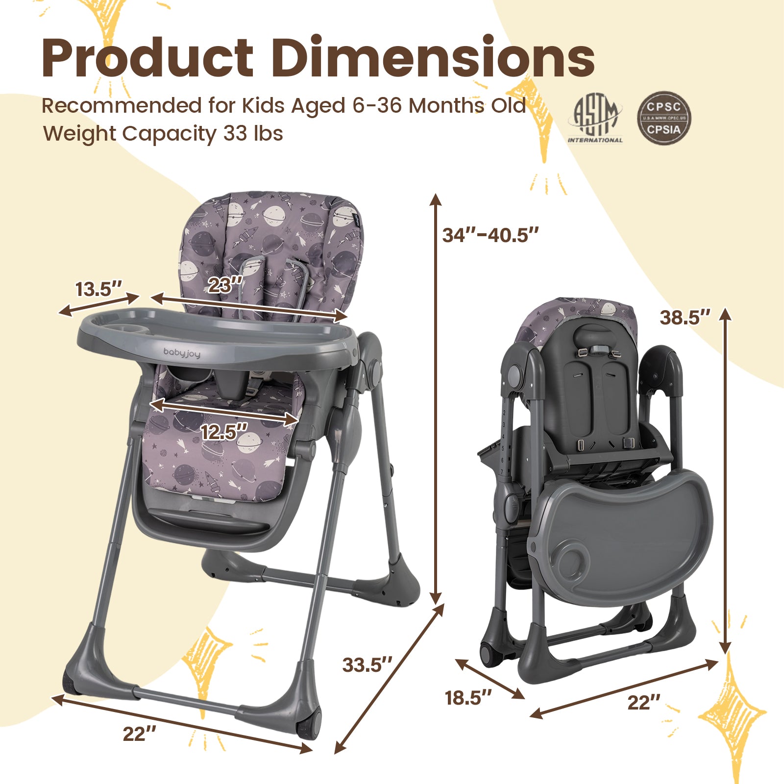 Foldable High Chair with Detachable Cushion and High Chair for Babies and Toddlers-Gray