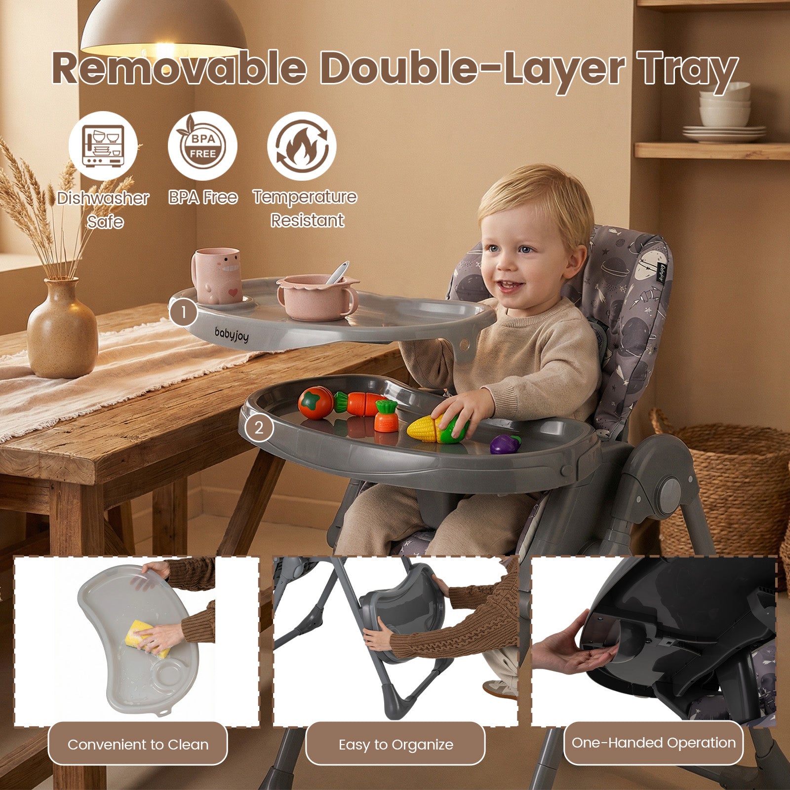Foldable High Chair with Detachable Cushion and High Chair for Babies and Toddlers-Gray