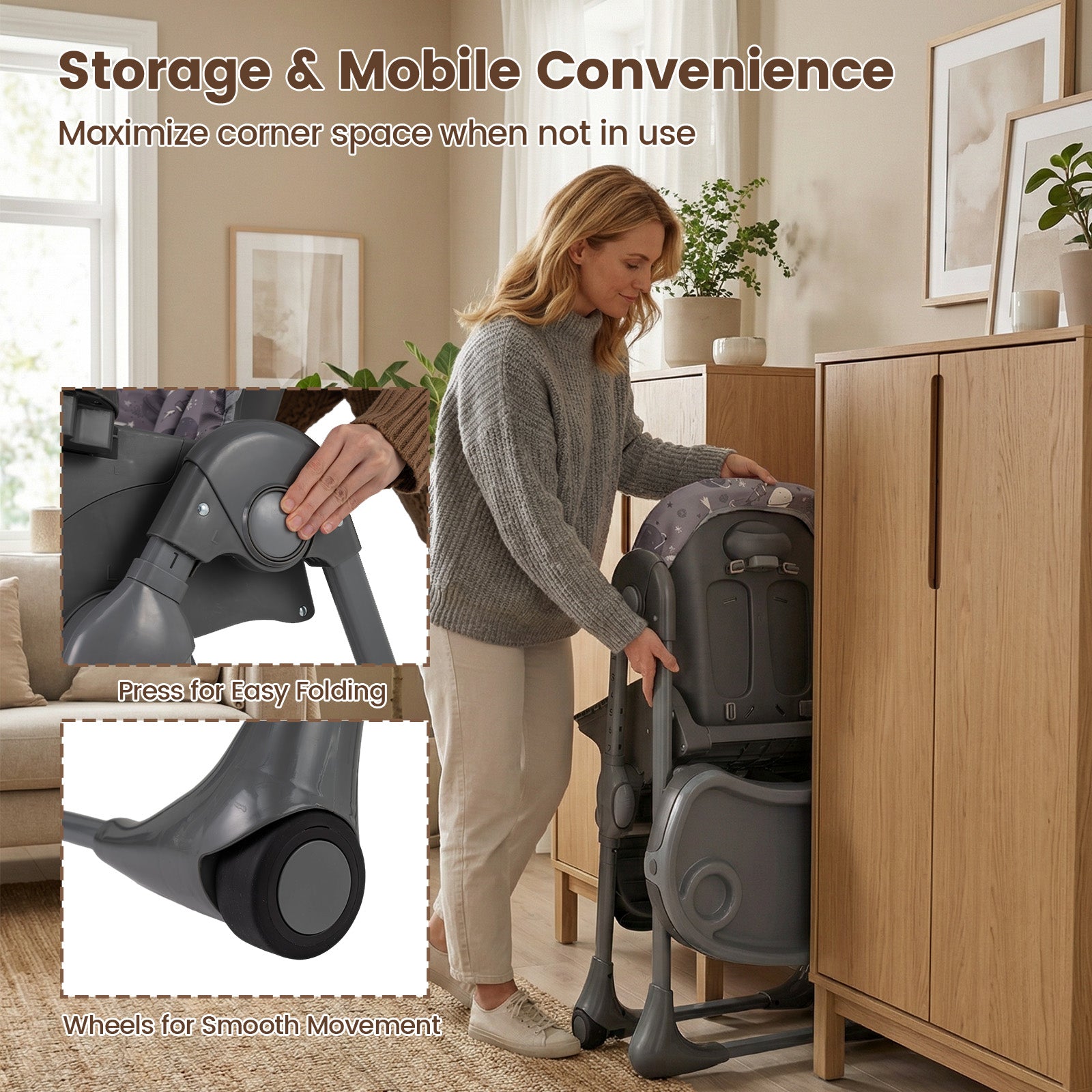 Foldable High Chair with Detachable Cushion and High Chair for Babies and Toddlers-Gray