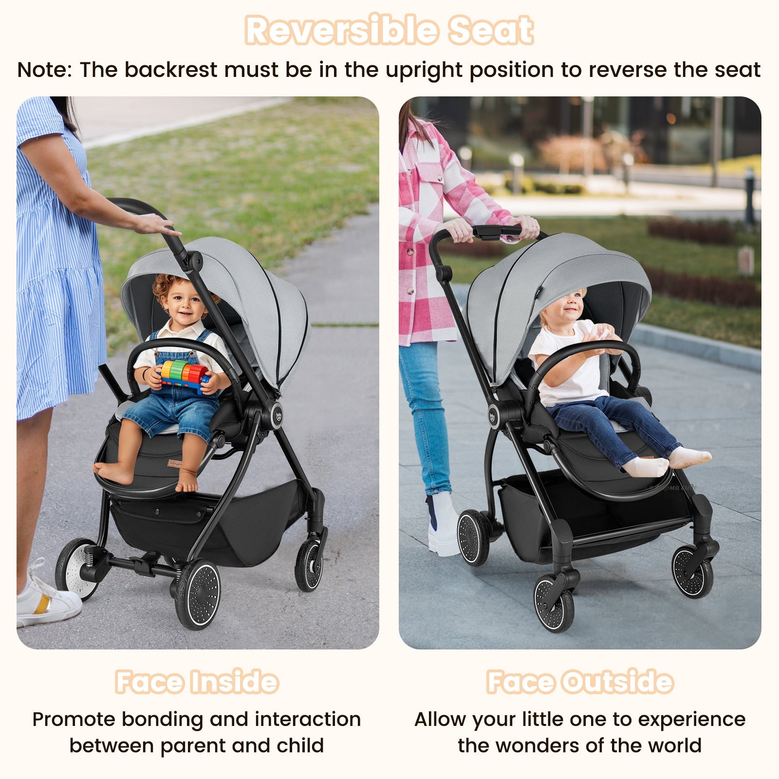 Foldable Infant Pram Stroller with Reversible Seat Reclining Backrest-Gray