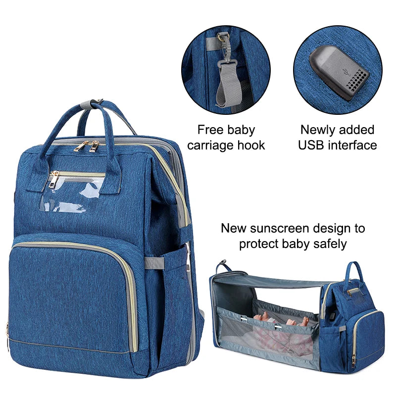 USB Diaper Backpack W/ Foldable Sunscreen Baby Bed Crib
