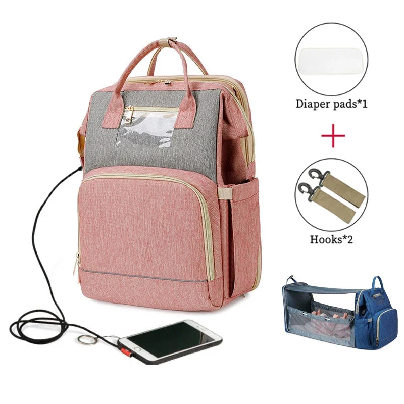 USB Diaper Backpack W/ Foldable Sunscreen Baby Bed Crib