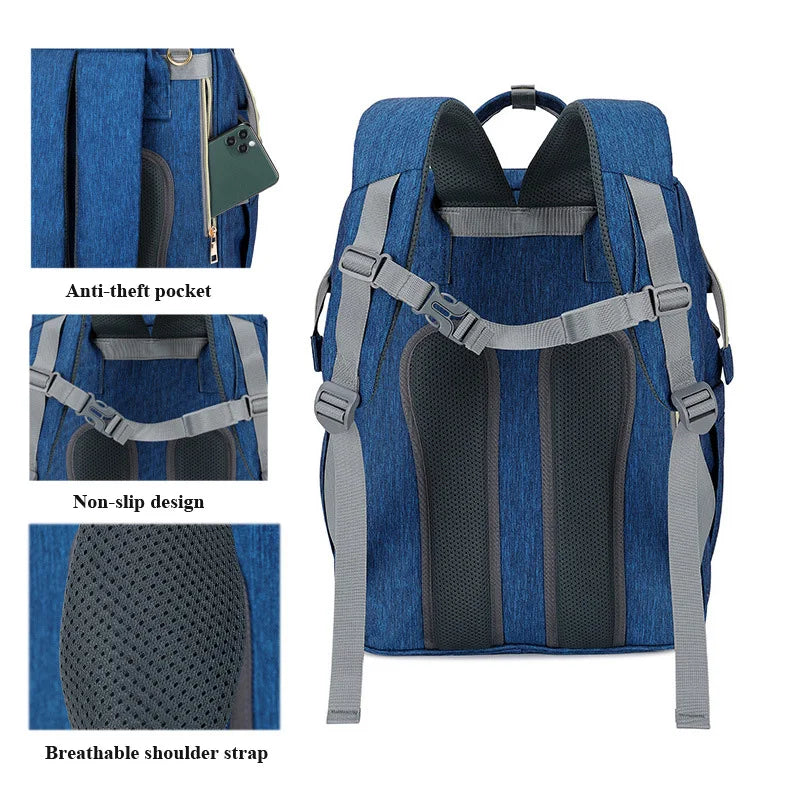 USB Diaper Backpack W/ Foldable Sunscreen Baby Bed Crib