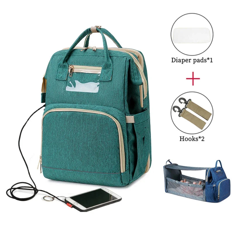 USB Diaper Backpack W/ Foldable Sunscreen Baby Bed Crib