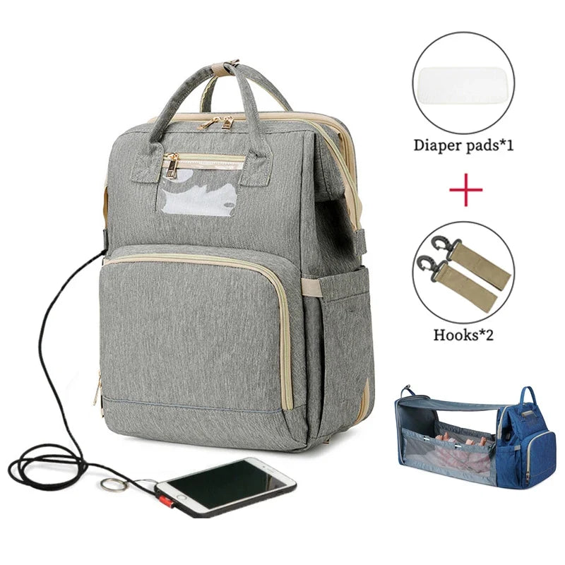 USB Diaper Backpack W/ Foldable Sunscreen Baby Bed Crib
