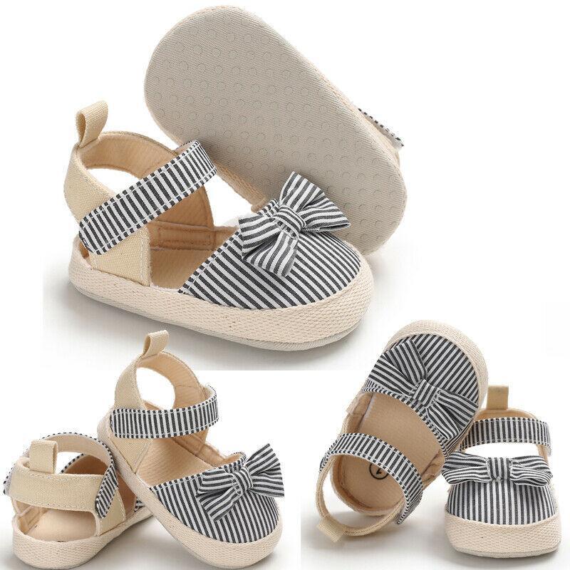 Newborn Infant Baby Summer Shoes Soft Crib Shoes Infants Anti-slip  Striped Bowknot Pre Walker Sandals