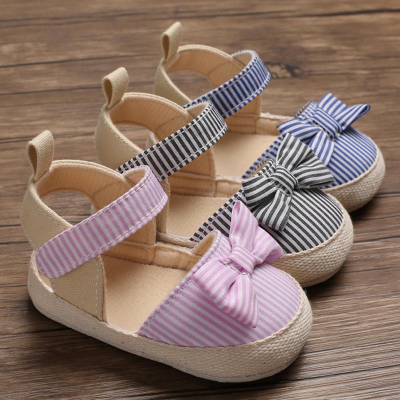 Newborn Infant Baby Summer Shoes Soft Crib Shoes Infants Anti-slip  Striped Bowknot Pre Walker Sandals