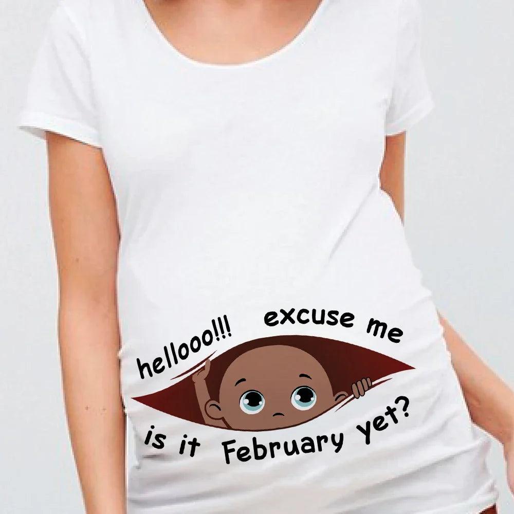 "Excuse Me, Is It January Yet?" 12 Months Summer Maternity Pregnancy T-Shirt | Black Baby Print Women Tee | Pregnant Clothes