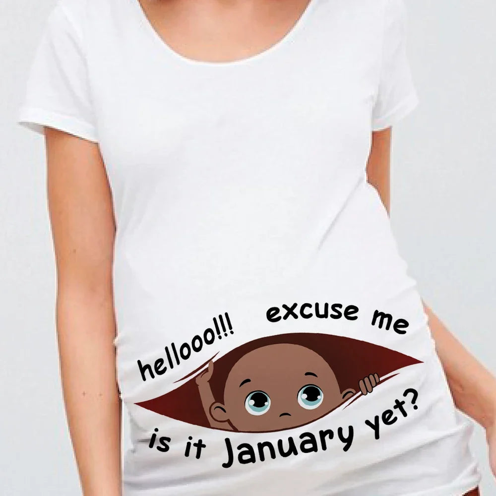 "Excuse Me, Is It January Yet?" 12 Months Summer Maternity Pregnancy T-Shirt | Black Baby Print Women Tee | Pregnant Clothes