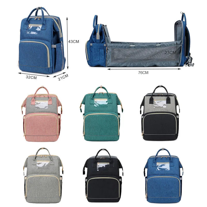 USB Diaper Backpack W/ Foldable Sunscreen Baby Bed Crib