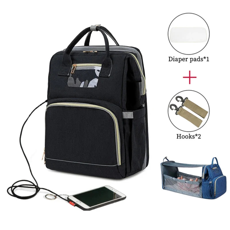 USB Diaper Backpack W/ Foldable Sunscreen Baby Bed Crib