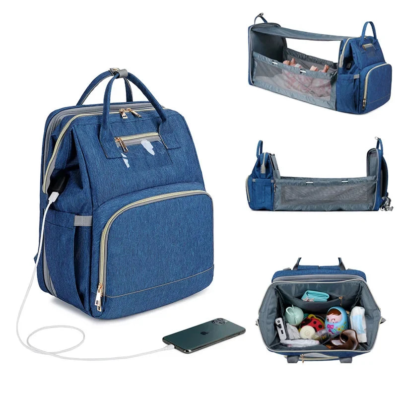 USB Diaper Backpack W/ Foldable Sunscreen Baby Bed Crib