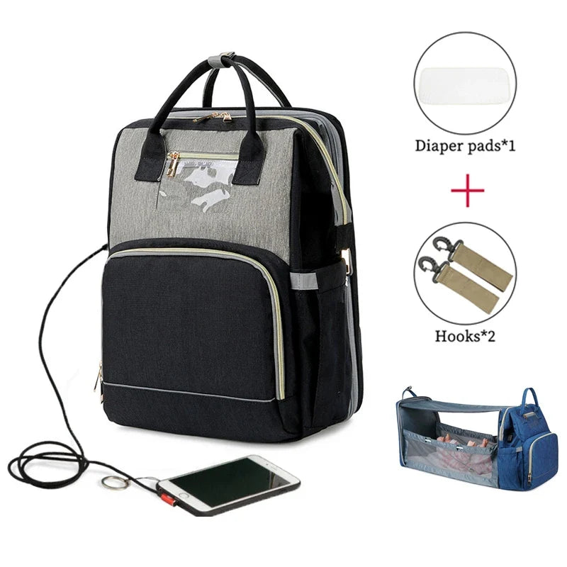 USB Diaper Backpack W/ Foldable Sunscreen Baby Bed Crib
