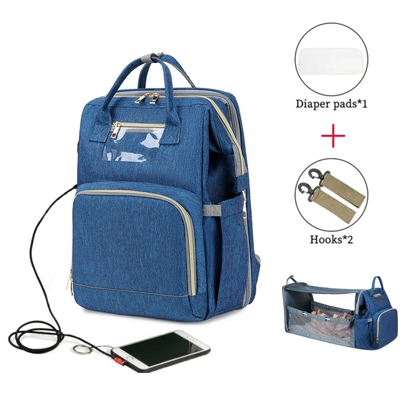USB Diaper Backpack W/ Foldable Sunscreen Baby Bed Crib
