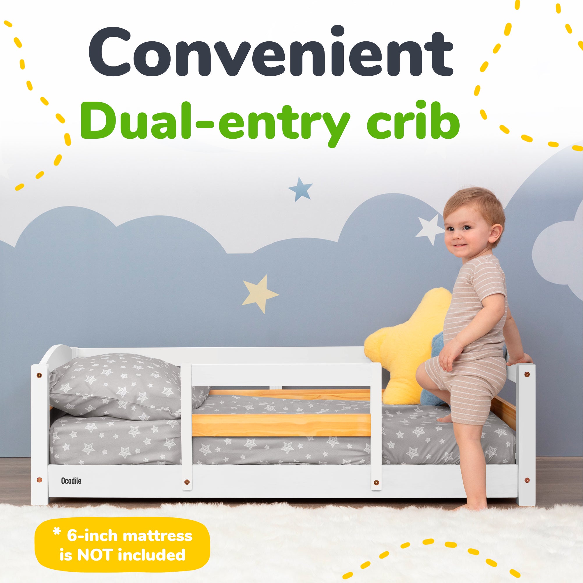 Crib Size Wooden Floor Bed with Safety Rails for Kids Age 1–3
