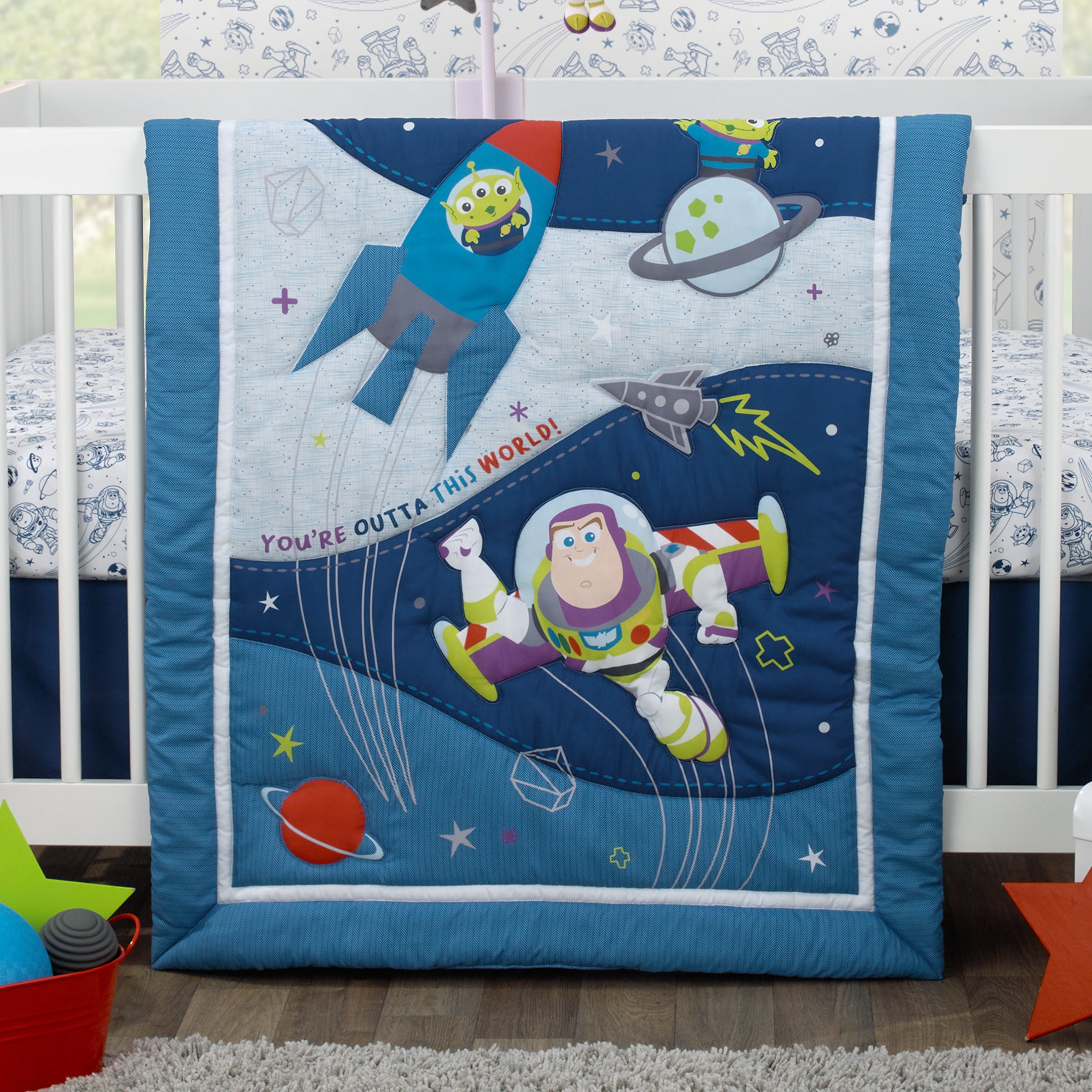Toy Story Buzz Lightyear 4-Piece Blue Gray Crib Bedding Set