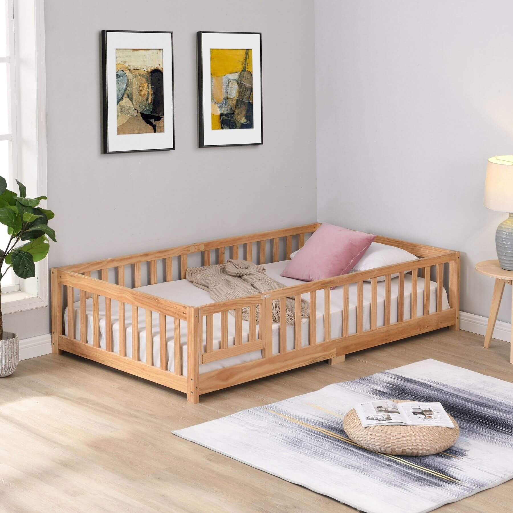 Civil HN Solid Wood Full Size Floor Bed with Guardrails