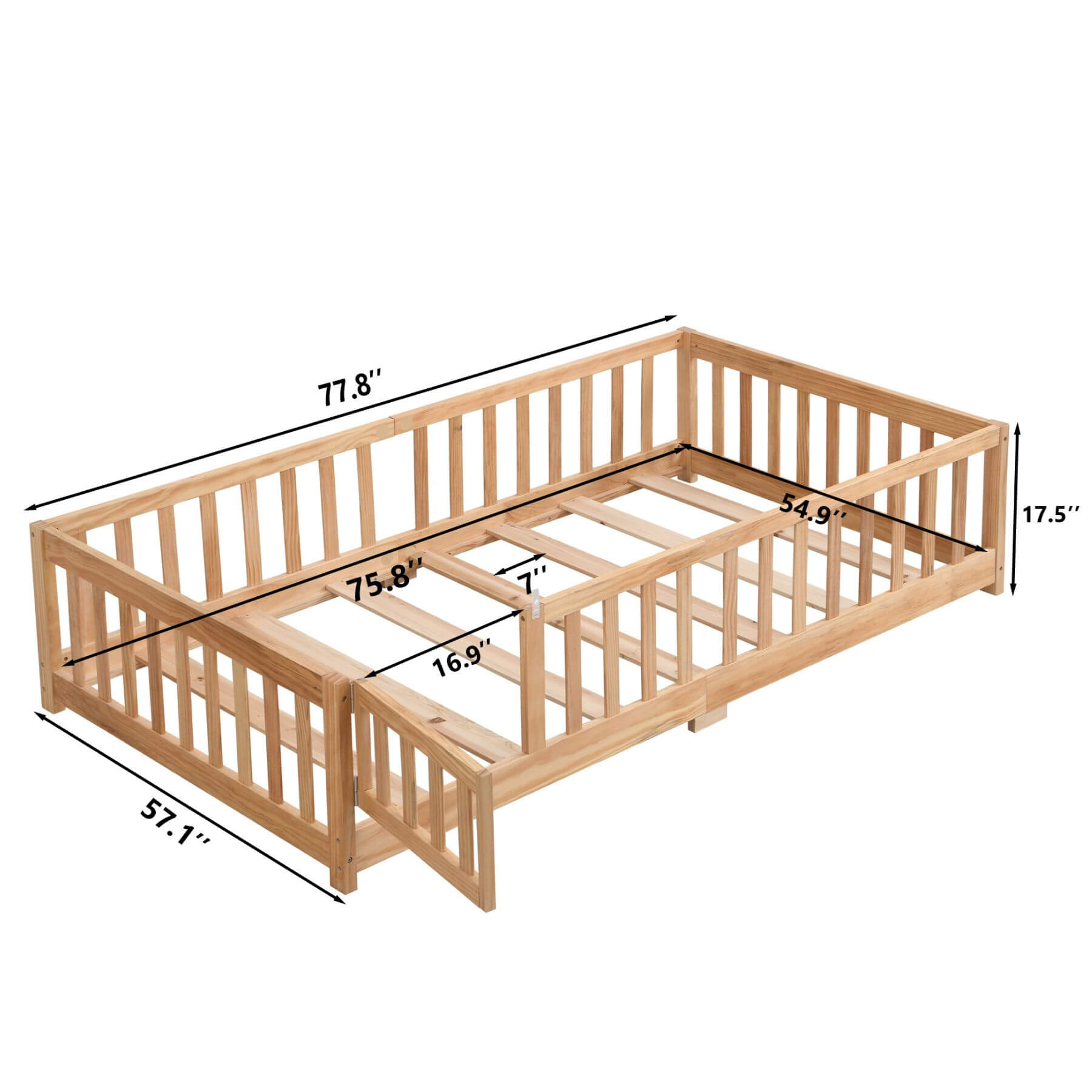 Civil HN Solid Wood Full Size Floor Bed with Guardrails