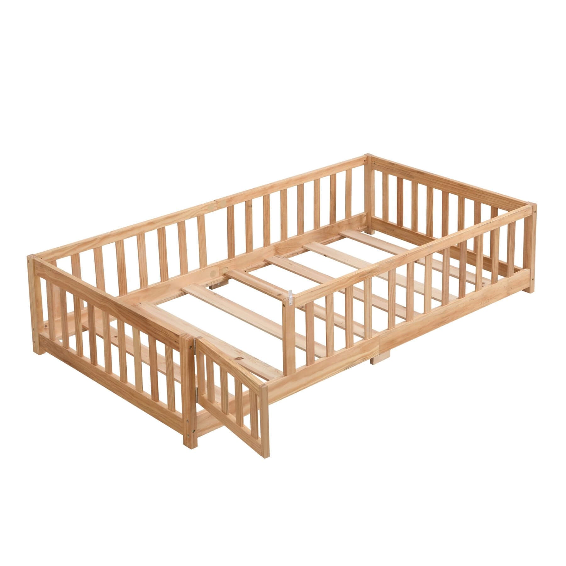 Civil HN Solid Wood Full Size Floor Bed with Guardrails