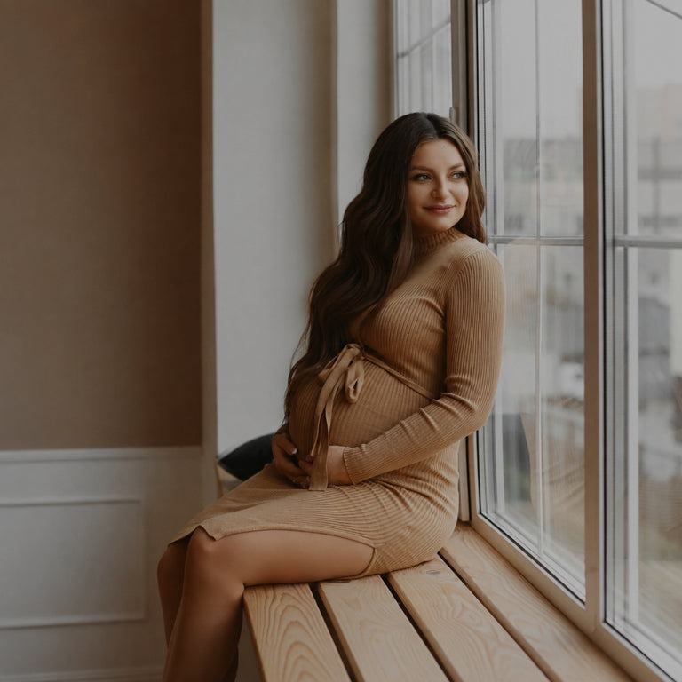 A pregnant woman with long dark hair sits on a wooden window ledge wearing a fitted tan maternity dress, with a softly lit room and large windows in the background.