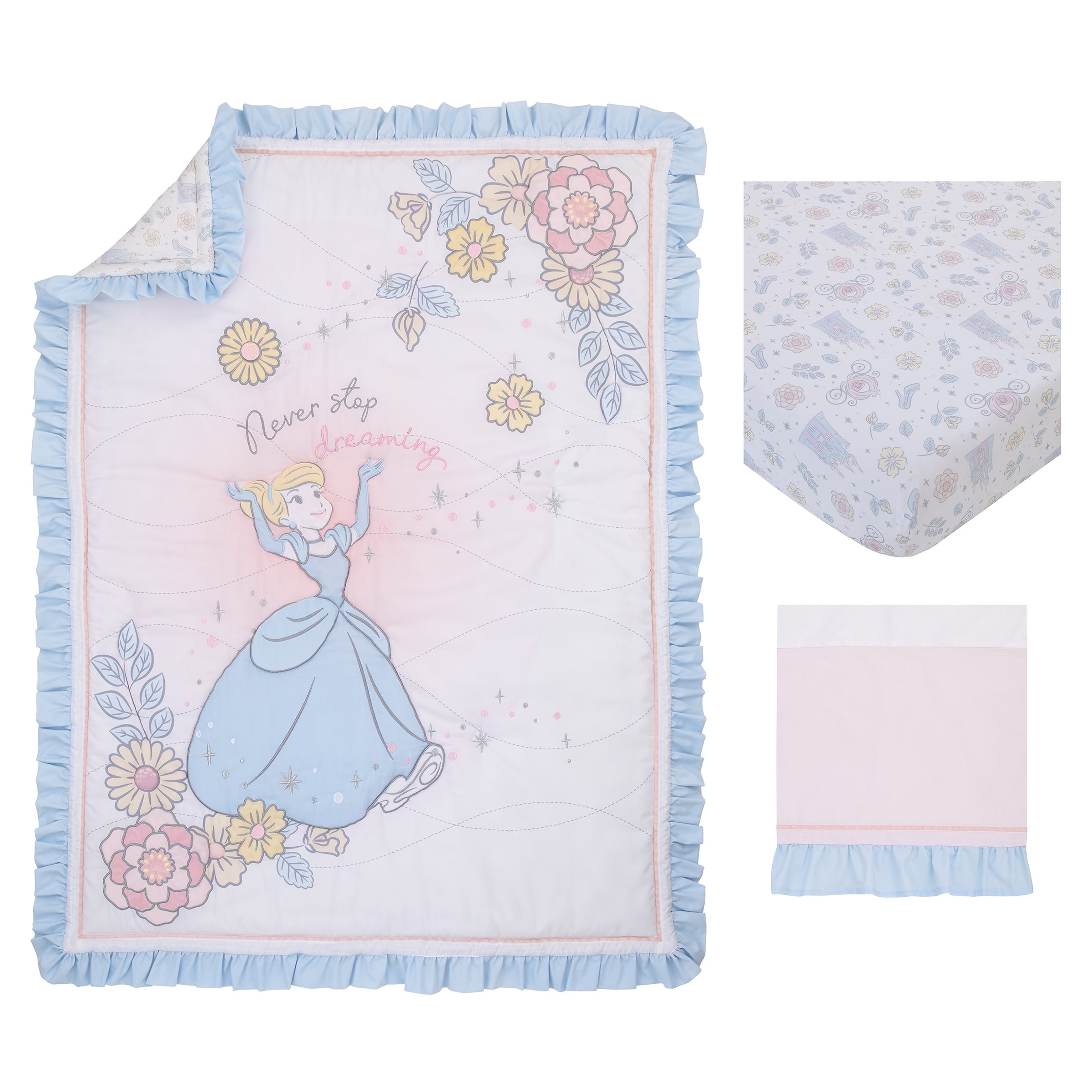 Disney Sweet Princess  Cinderella 3 Piece Nursery Crib Bedding Set